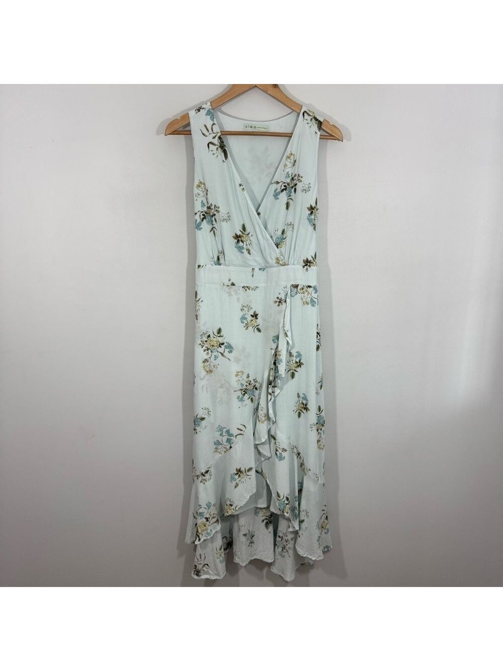 Cleo Petites Blue Floral Midi Dress 14P Wrap Style Sleeveless Ruffle Hem Garden - Picture 3 of 15